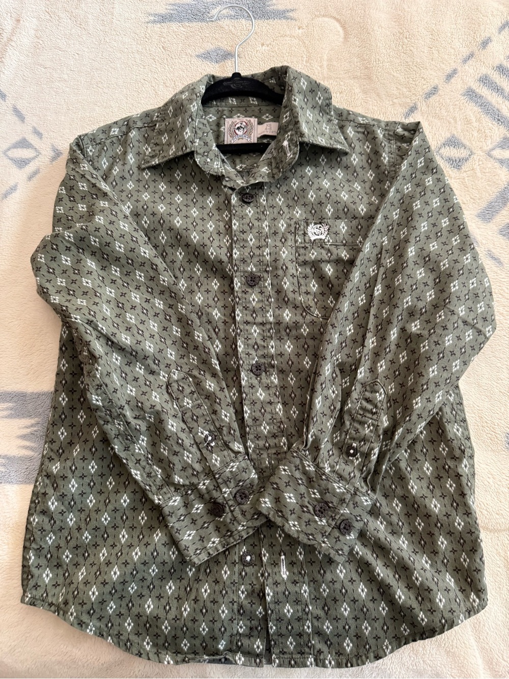 Boys Cinch Olive Green Patterned Button-Up Shirt